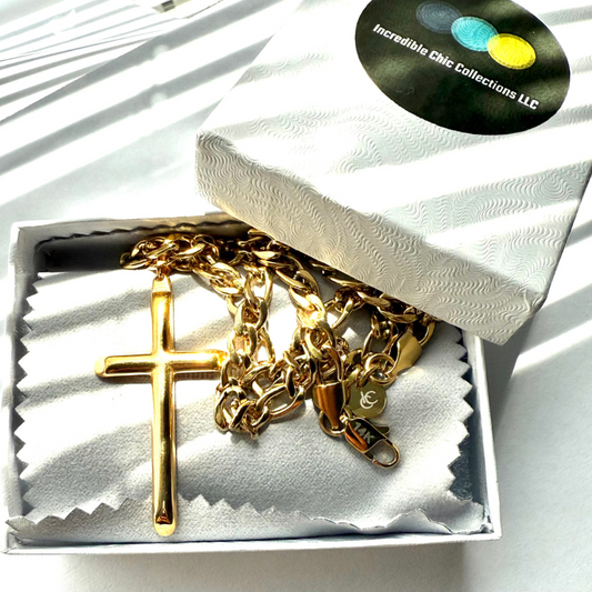 Stunning 14K Gold Filled Chain 24K Gold Filled Cross Pendant on 5mm Figaro Chain. Versatile Fashion Jewelry – Wear Solo or with Pendant. 18,20 Inches. - Incredible Chic Collections® LLC