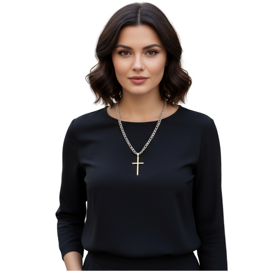 Figaro Link Chain With Cross in Yellow Gold 5MM 18"-20” - Unisex